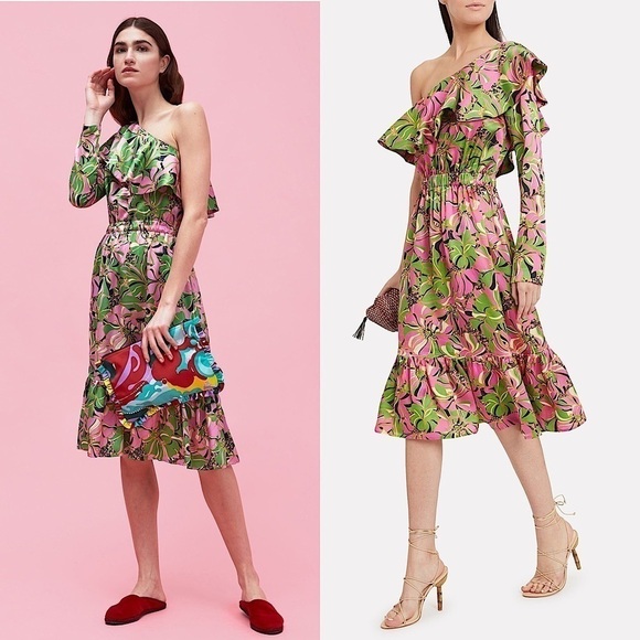 NWT LA DOUBLEJ Silk Floral 70s Ruffle 1 Shoulder Long Sleeve Flounce Hem Dress S - Picture 1 of 16